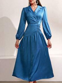 Modelyn 女士纯色翻领灯笼袖褶皱连衣裙长款晚礼服秋季女装 - 藍色 - 查看 4