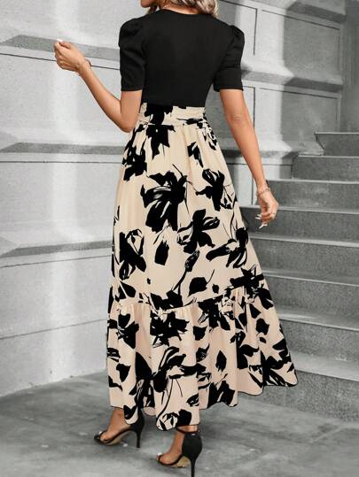 SHEIN Clasi Women's Summer Apricot AB Colorblock Floral Printed Dress Maxi Women Outfit
