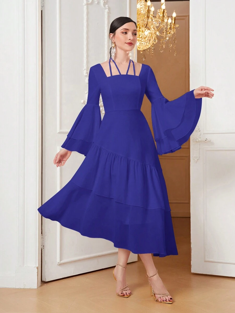 Modelyn Vestido de noche largo de línea A con mangas acampanadas y volantes en color liso para mujer - Azul - Ver 1