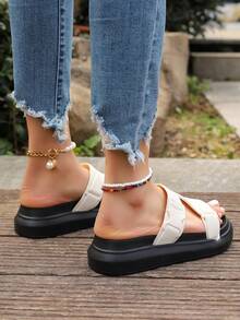 Women's Chunky Platform Slippers, Summer Korean Style Open Toe Slides Crossed Straps Beach Sandals - Beige - View 2