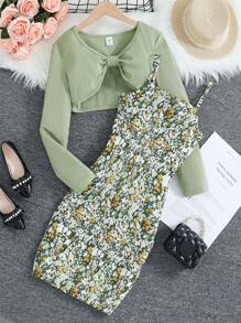 SHEIN Vintaside Kids Conjunto de 2 peças de Top Crop de Manga Longa de Cor Sólida para Menina Tween e Vestido Alça Espaguete com Estampa Floral