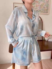 DAZY Tie-Dye Buttoned Collar Shirt With Pockets And Shorts