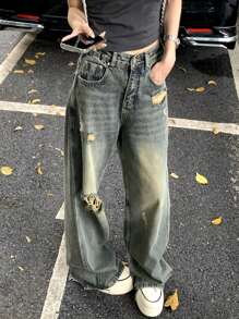 休闲水洗破洞阔腿牛仔裤 - 藍色 - 查看 1