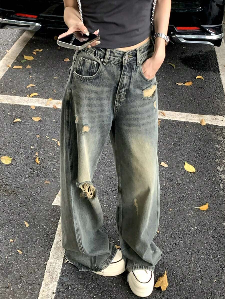 休闲水洗破洞阔腿牛仔裤 - 藍色 - 查看 1