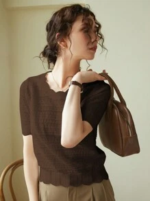 Knit Mix Elegant Women's Blouse, Distinctive Lace Trim Round Neck Hollow Out Short Sleeve Fitted T-Shirt, Suitable For Petite Figures, Solid Color, Casual/Work Appropriate, Spring/Summer Top, Subtle Vintage Cream Color, Back To School Spring/Summer Wear, Also Suitable For Casual Occasions Like Christmas, Thanksgiving And New Year. - Brown - View 6