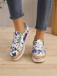 Của phụ nữ Đúng mốt Chóp giầy tròn Kích thước Lớn In hoa Lace-up Khối màu Thoải mái Giày đế bằng - Màu tím - Xem 2