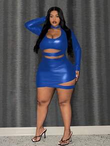 Slaydiva Thanh lịch và gợi cảm Màu Trơn Slim Fit Khoét Hở Bất Đối Xứng Phủ Pu Vải Plus Kích Thước Tay Dài Mini Dành Cho Nữ - Xanh đậm - Xem 5