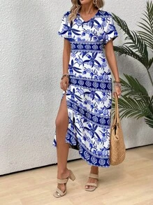 SHEIN VCAY Women's Floral Printed V-Neck Batwing Sleeve Dress