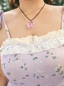 Dreamara 大碼花卉印花細肩帶連衣裙,附有蕾絲拼接 - 紫色 - 查看 6