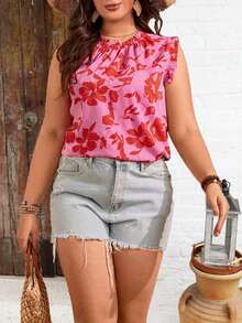 SHEIN Franclia 大码花卉印花盖袖衬衫 - 玫紅色 - 查看 4