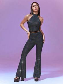 SHEIN Unity Áo hở lưng bóng và quần ống loe cho nữ 2 món/bộ, thích hợp cho buổi hẹn hò ở hộp đêm - Nhiều màu - Xem 6