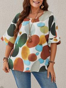 EMERY ROSE Sommer Shirt Im Country-konzert Outfit Mit Batwing Ärmeln, Farbblock Druck Und Struktur, Für Damen In Übergröße