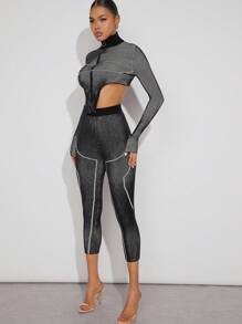 Hauture Ribbed Mock Neck Zip Top & Pants Set - Multicolor - View 4