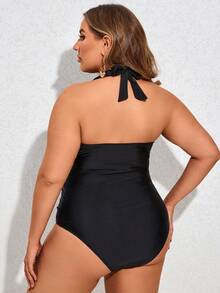 SHEIN Swim Curve Plus Size Women's One-Piece Swimsuit With Mesh Splicing And Halter Neck Tie, Bathing Suit Beach Outfit Vacay Vibe - Black - View 2