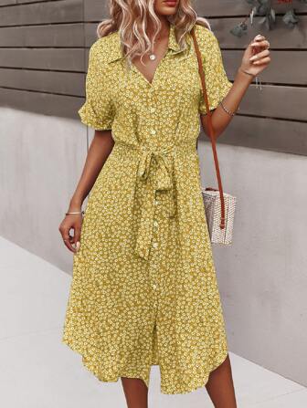EMERY ROSE Floral Print V-Neck A-Line Dress With Cinched Waist