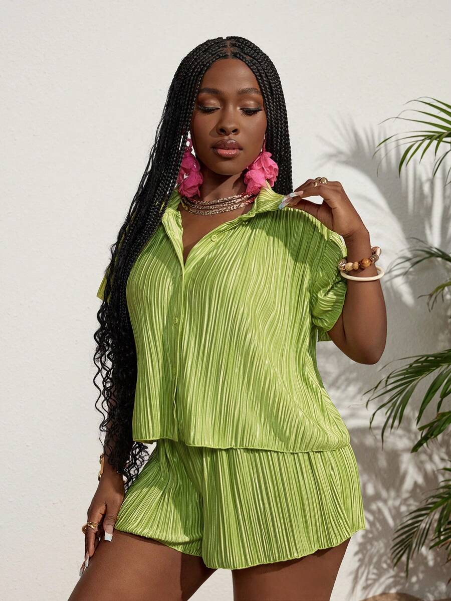 Slaydiva Holiday Style Tuck Detail Stripe Shirt And Shorts Set For Women - Green - View 1