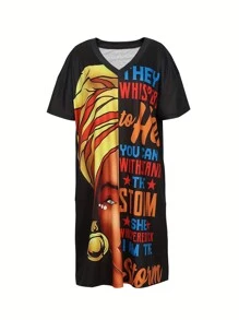 Plus Size Women Letter Graphic Print Patchwork Dress