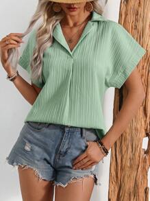 SHEIN LUNE Buttoned Back Short Front Long Loose-Fit Shirt With Stripes And Waves Print, Batwing Sleeves - Green - View 5