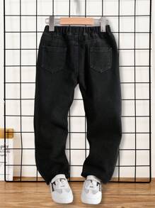 Young Boy's Fashionable Casual Hole & Printed Design Jeans