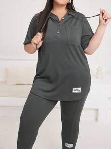 Mulvari Plus Size Hooded Short Sleeve Top With Letter Patch And Split Pants With Drawstring