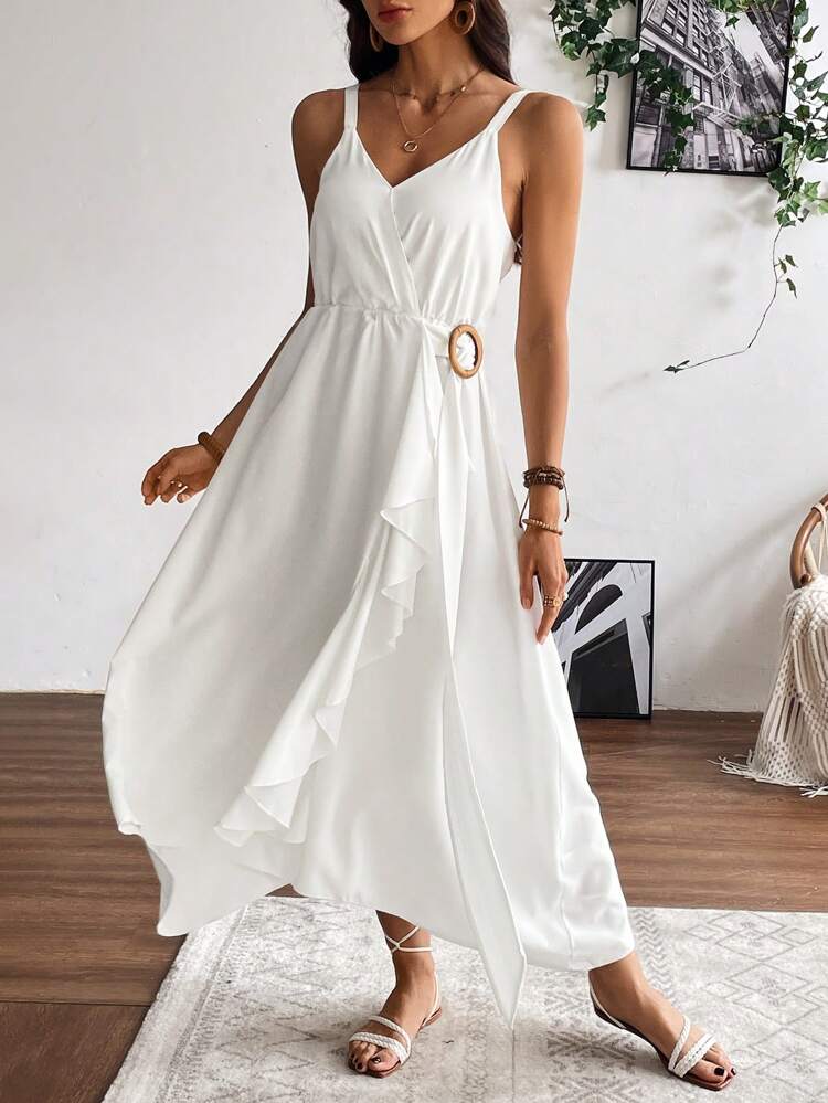 Women's Splicing Asymmetrical Hem Ruffle Trim Sleeveless Dress With Shoulder Straps