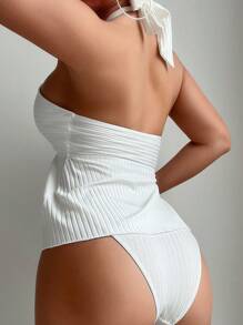 SHEIN Swim Summer Women's Solid Ribbed Halter Top & Swim Bottom Tankini Set - White - View 2
