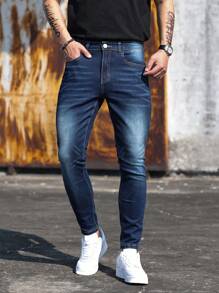 Manfinity Homme Men Cotton Slant Pocket Skinny Plain Dark Blue Slim Fit Long Dark Wash Jeans Washed Cargo Jeans, For Husband, Boyfriend Gifts Going Out Hang Out Commute Work Urban - Dark Wash - View 5