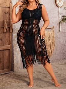 Breezaya Plus Size Solid Color Knitted Fringed Hem Sweater Dress With Hollow Design