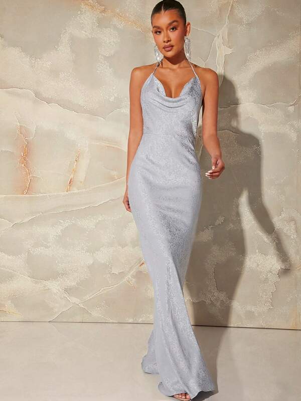 L'Amorae Jacquard Draped Collar Mermaid Hem Cami Dress