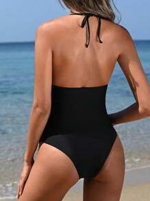 SHEIN Conjunto de tankini de maternidad de unicolor con escote en V y cuello halter para el verano, traje de baño de maternidad