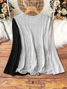 SHEIN LUNE 女性加大號色塊肋紋t恤 - 彩色 - 查看 2