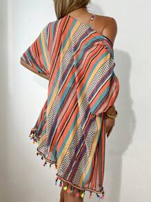 SHEIN 4pcs Geometric Print Ruched Bust Swimsuit Top, Pattern Bikini Bottom, Multicolor Fringe Cardigan, And Shorts Set, Carnival Summer - Multicolor - View 2