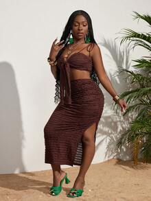 Slaydiva 2 Miếng Của phụ nữ Chi tiết Ruffle Không lưng Áo ba lỗ Và Váy midi Bộ , 2024 Gợi cảm bờ biển Kỳ nghỉ In Chất rắn Màu sắc - Cà phê nâu - Xem 3