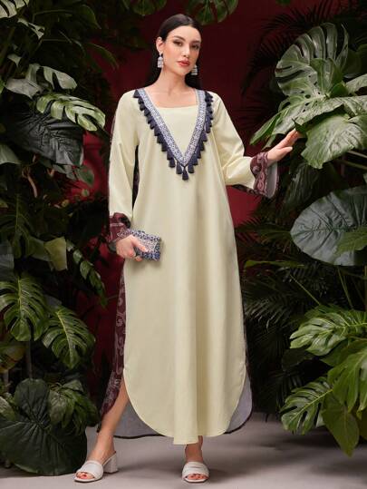 Al Najma 花卉拼接緞帶細節不對稱裙擺連身裙