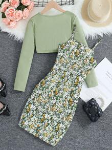 SHEIN Vintaside Kids Conjunto de 2 peças de Top Crop de Manga Longa de Cor Sólida para Menina Tween e Vestido Alça Espaguete com Estampa Floral