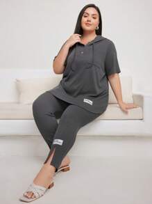 Mulvari Plus Size Hooded Short Sleeve Top With Letter Patch And Split Pants With Drawstring