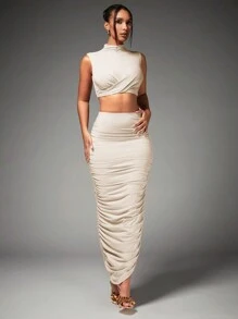 SHEIN BAE Conjunto De Dos Piezas Con Detalle De Volantes En El Cuello Medio Alto Para Mujer, Para La Fiesta De Víspera De Año Nuevo