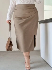 Dazy Plus Plus Size Solid Color Pleated Side Slit Midi Skirt Work Women Clothes Fall Skirts - Brown - View 4