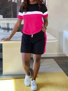 SHEIN Conjunto informal de dos piezas con bloques de color talla grande para el verano