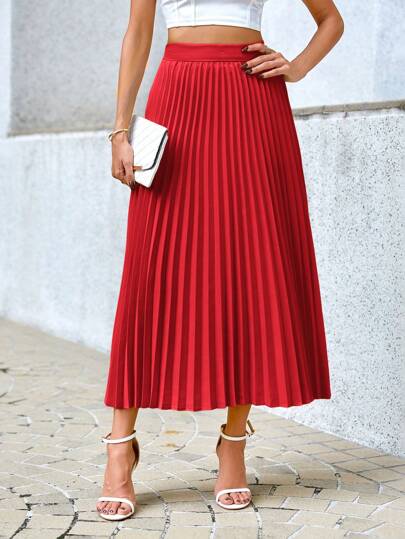 SHEIN Privé Solid Color Casual Pleated Skirt