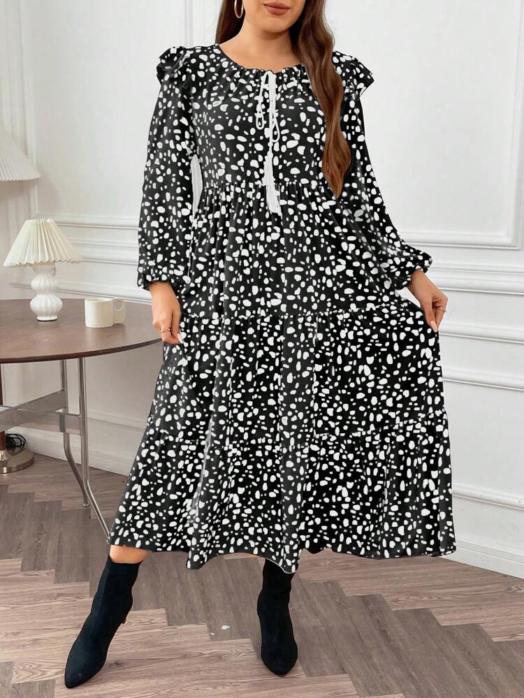 Plus Size Women's Printed Splicing Dress With Ruffle Edge And Lantern Sleeve Fall Cloth For Women