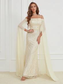 Women's Off-Shoulder Sequin Patchwork Mermaid Dress - Apricot - View 4
