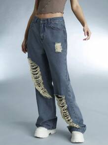 Forever 21 Y2k Vintage Distressed Hollow Out Motorcycle Style Denim Pants For Women