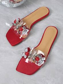 Zapatillas De Verano 2020 Para Mujer Con Decoración De Flores Y Diamantes De Imitación, Cómodas Y De Diseño Claro De Cristal Para Uso Al Aire Libre, Con Diseño De Punta Cuadrada Plana Y Punta Abierta - Rojo - Ver 5