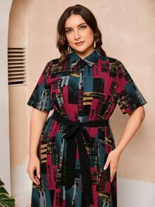 Mulvari Plus Size Women's Printed Shirt Dress With Patchwork Design - Multicolor - View 8