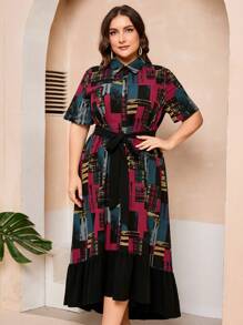 Mulvari Plus Size Women's Printed Shirt Dress With Patchwork Design - Multicolor - View 2