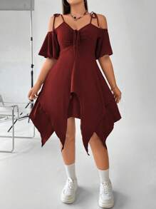 Flirla Plus Size Váy Cami viền bất đối xứng màu trơn - Màu Đỏ Sâu - Xem 3