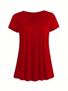 Breezaya Plus Size Women's Loose V-Neck T-Shirt For New Year Clothes - Red - View 8