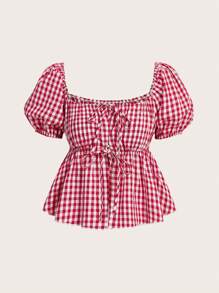 SHEIN MOD Plus Size Red Plaid Flowy Shirt With Puff Sleeves And Bow Tie For Women - Red and White - View 1