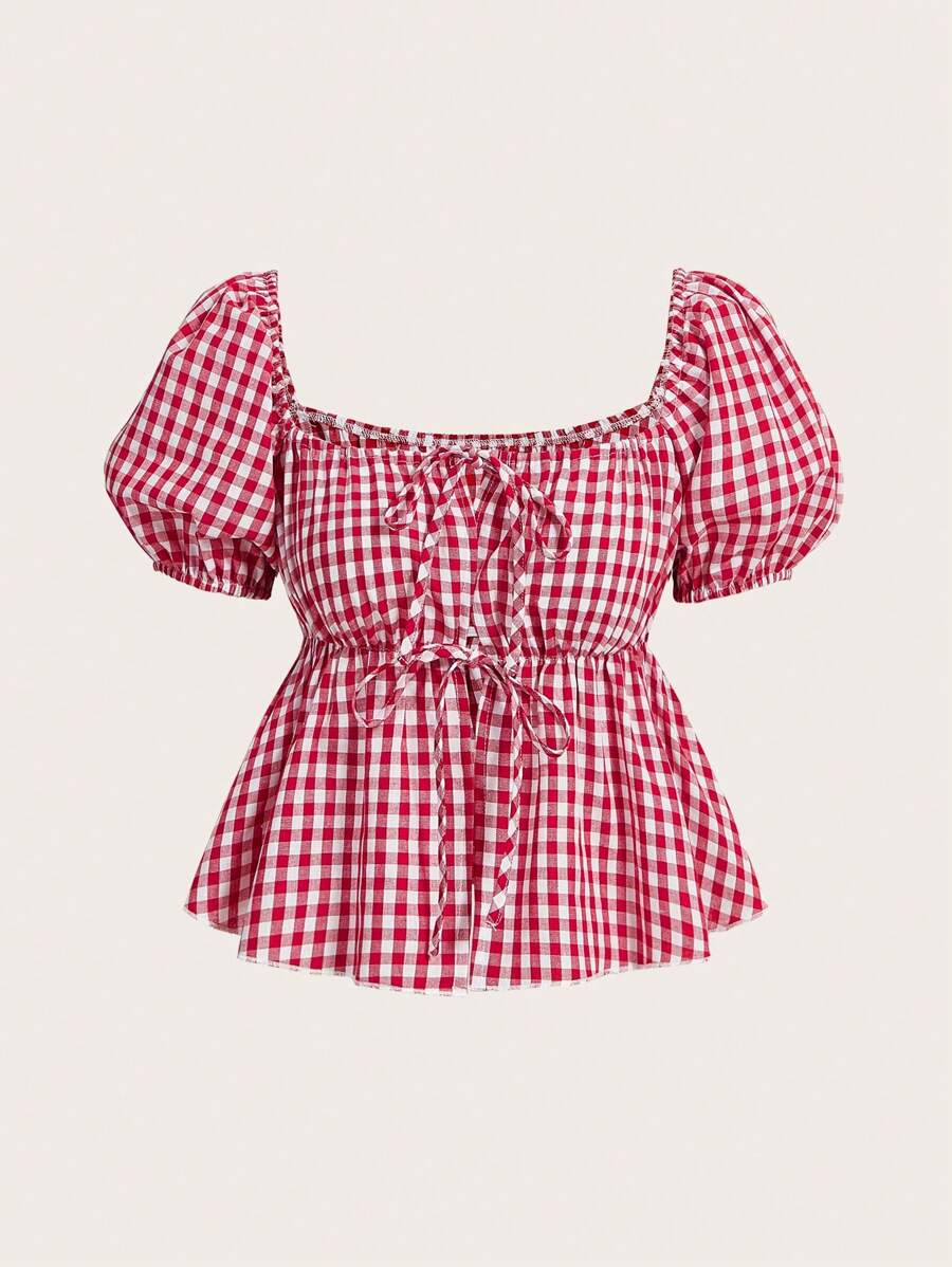 SHEIN MOD Plus Size Red Plaid Flowy Shirt With Puff Sleeves And Bow Tie For Women - Red and White - View 1